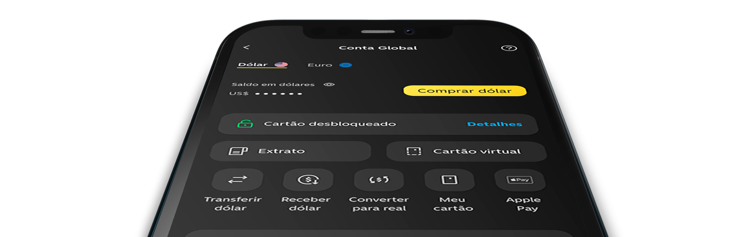 Celular exibe a Conta Global no app do C6 Bank, com saldo e opções de câmbio.