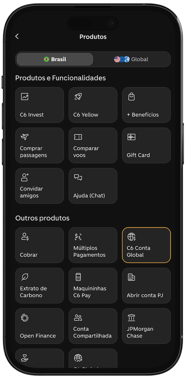 Tela do app do C6 Bank mostra o menu, com "C6 Conta Global" destacado entre os produtos e serviços.