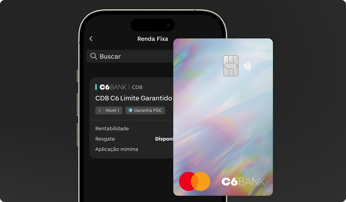 Celular com o app C6 Bank aberto na seção de investimentos e o cartão C6 Bank na cor Rainbow ao lado.