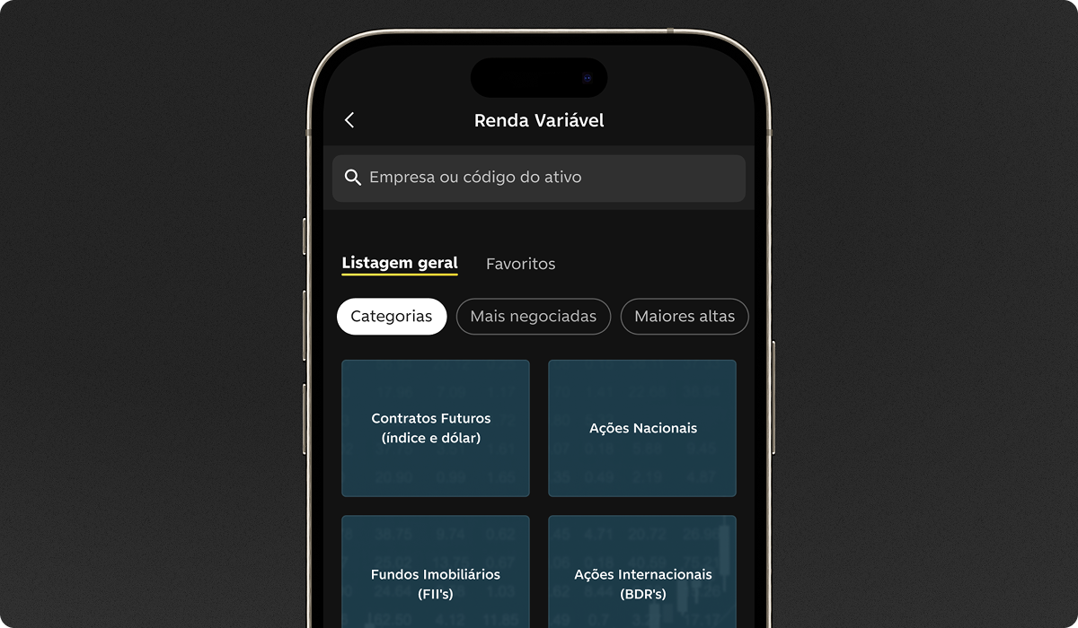 Celular com o app C6 Bank aberto na seção Renda Variável, exibindo categorias de ativos.