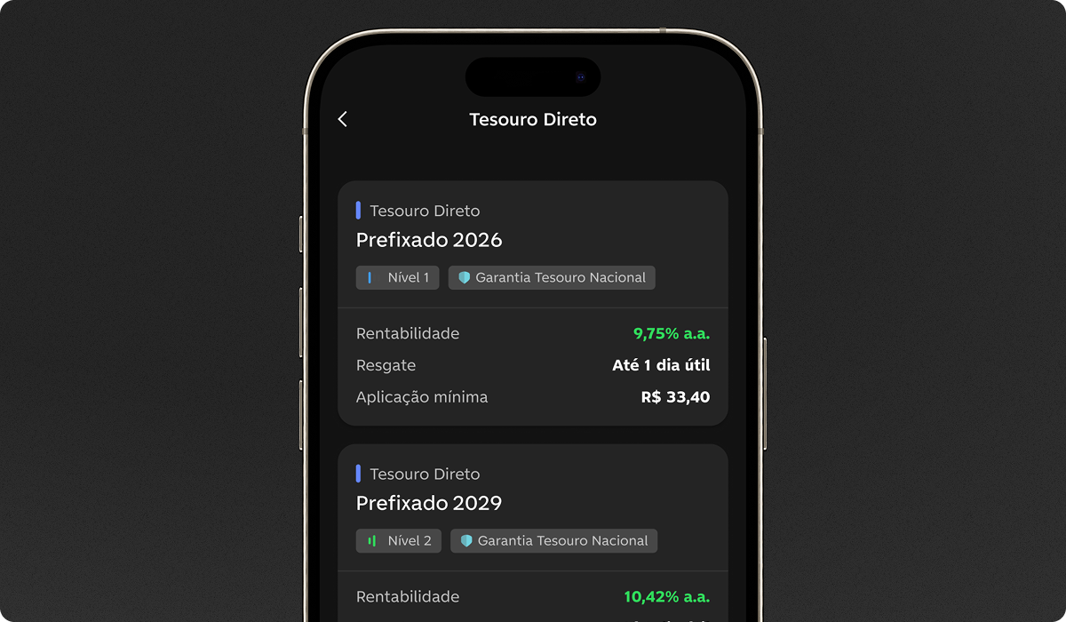 Celular com o app C6 Bank aberto na seção Tesouro Direto, exibindo títulos prefixados.