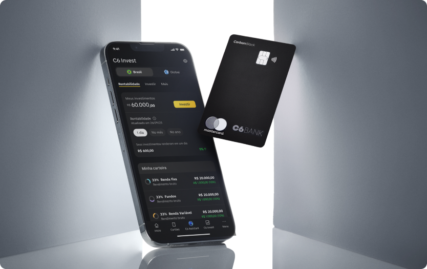 Celular com C6 Invest e Cartão C6 Carbon em destaque.