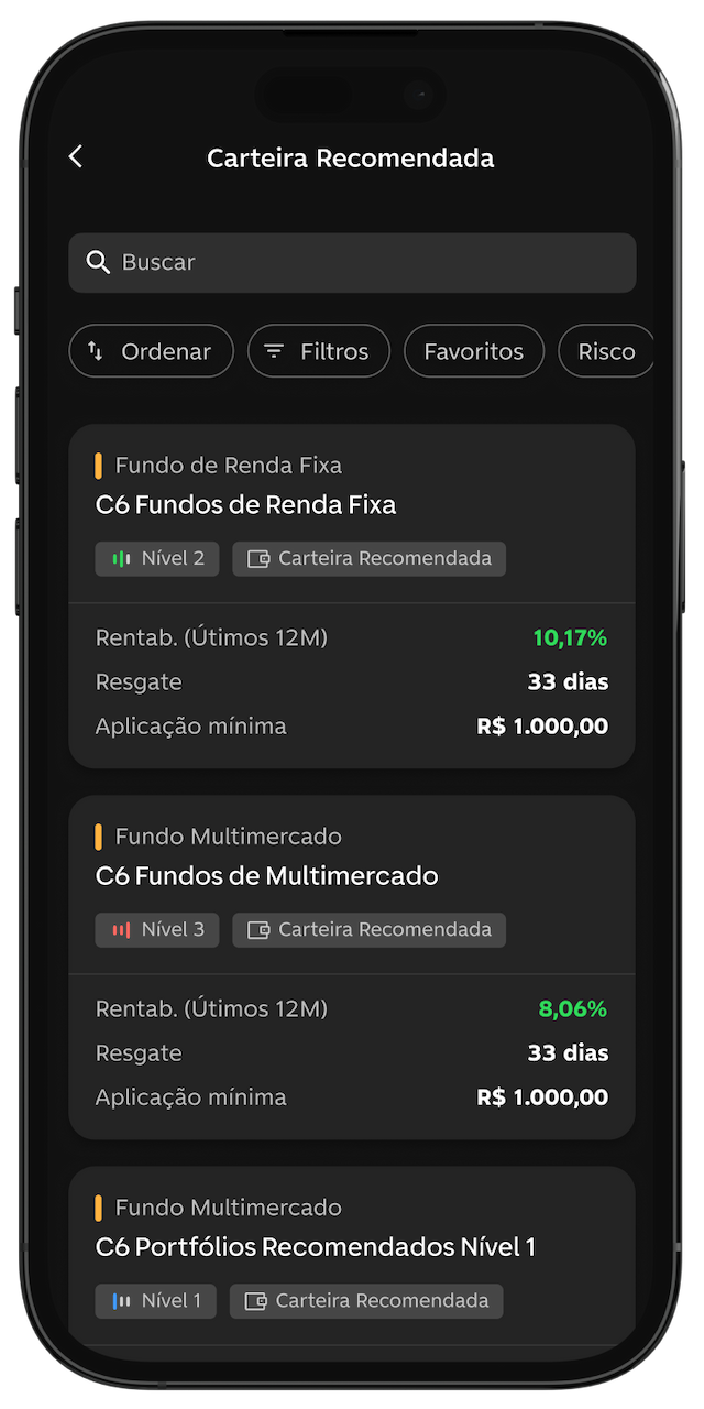 Tela do app C6 Bank com três carteiras recomendadas, com dados de rendimento e aplicação mínima.