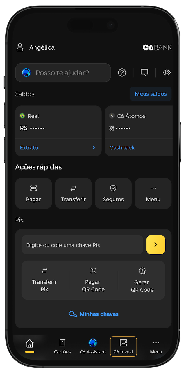 Tela da home do app do C6 Bank com C6 Invest selecionado.