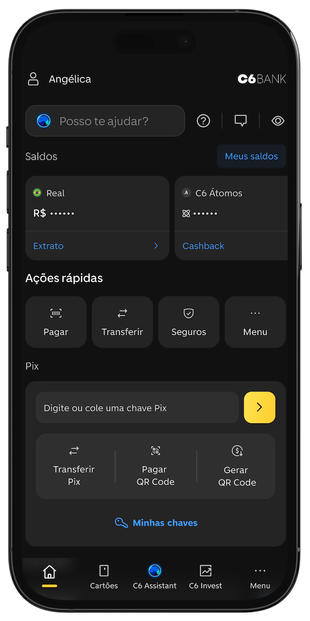 Tela inicial do app C6 com saldos, ações rápidas, Pix e menu inferior com ícones de navegação.