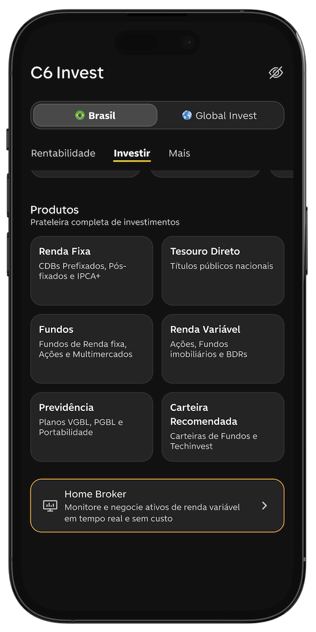 Tela do app do C6 Bank na aba de C6 Invest, com o Home Broker selecionado.