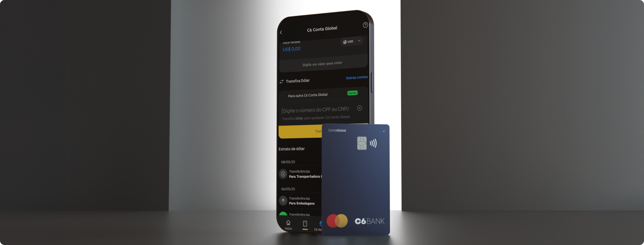 App do C6 Bank com tela da Conta Global e Cartão C6 Conta Global ao lado.