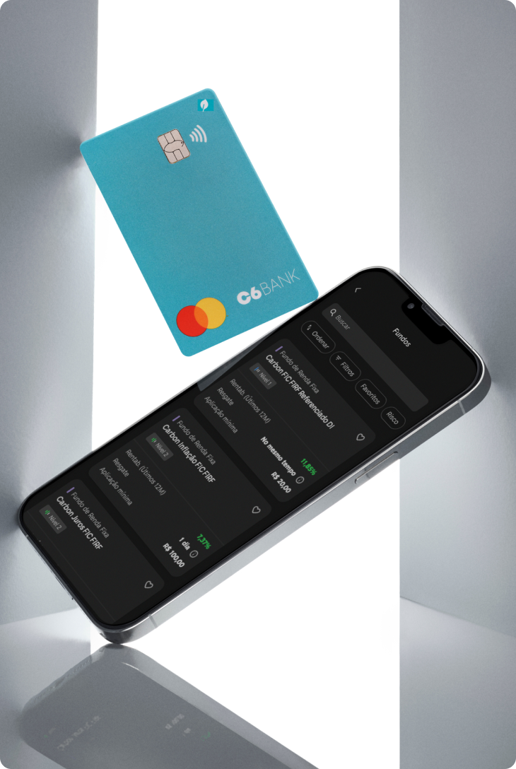 Celular com a tela de fundos dentro do app do C6 Bank e cartão C6 Acqua