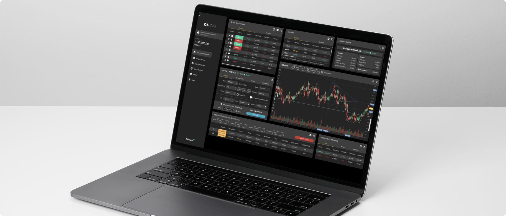 Imagem de notebook aberto na tela do Home Broker do C6 Bank