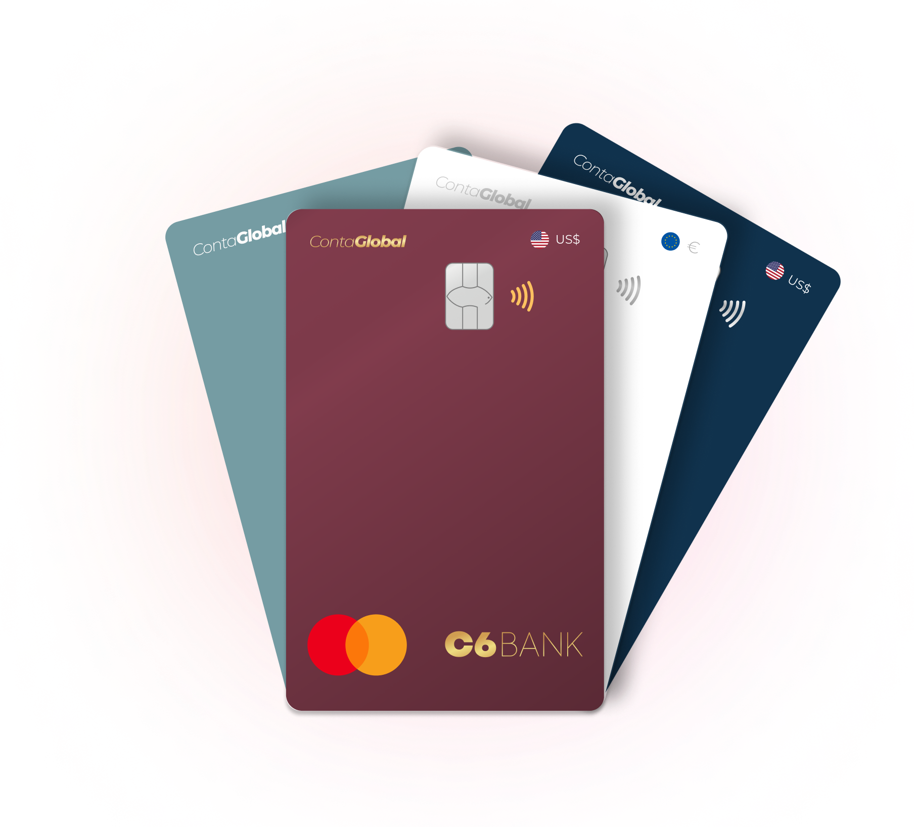 Quatro cartões C6 Conta Global em diferentes cores e moedas, dispostos em leque sobre fundo preto.