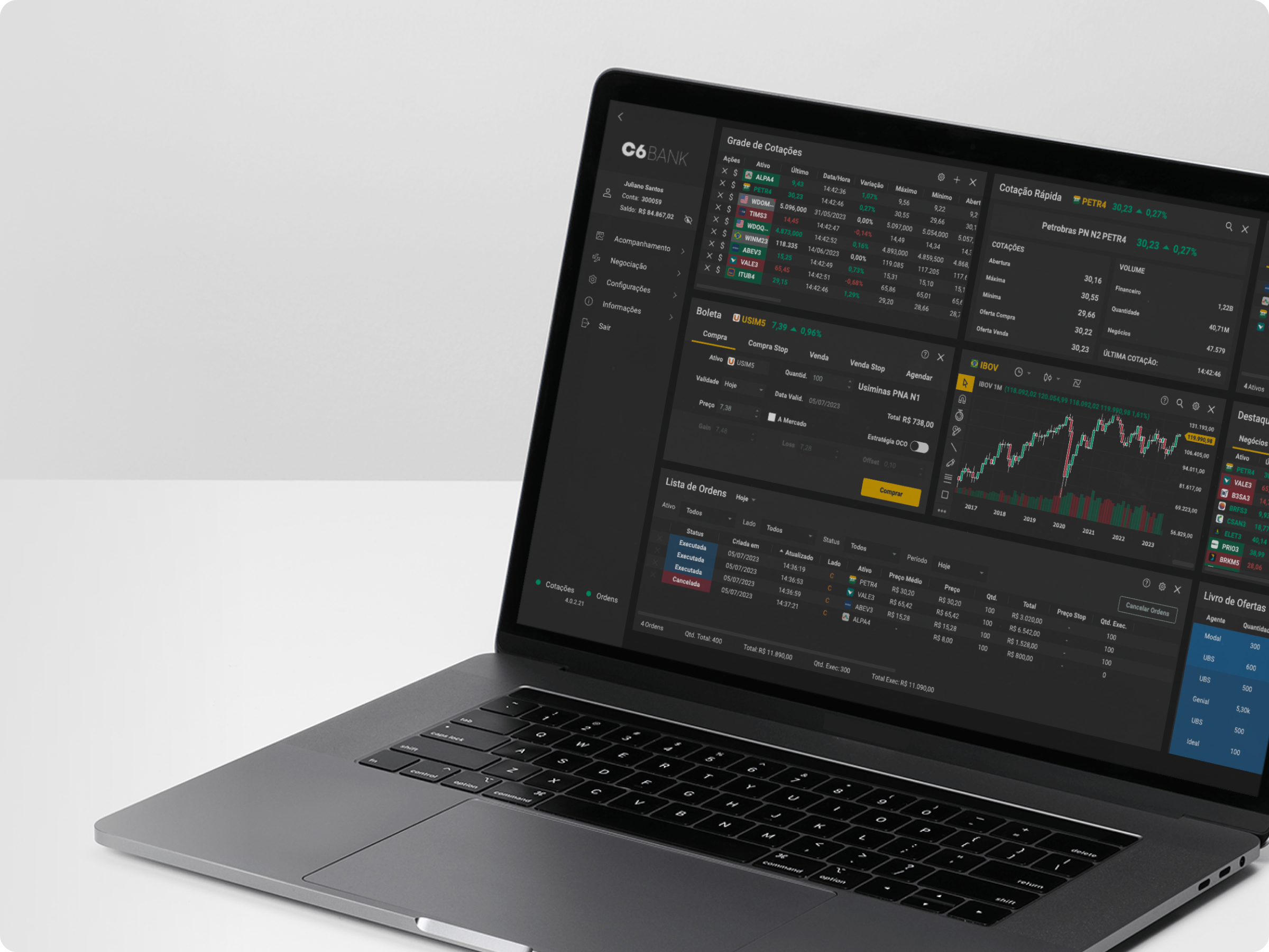 Notebook aberto exibindo a plataforma de investimentos do C6 Bank, com gráficos e cotações.