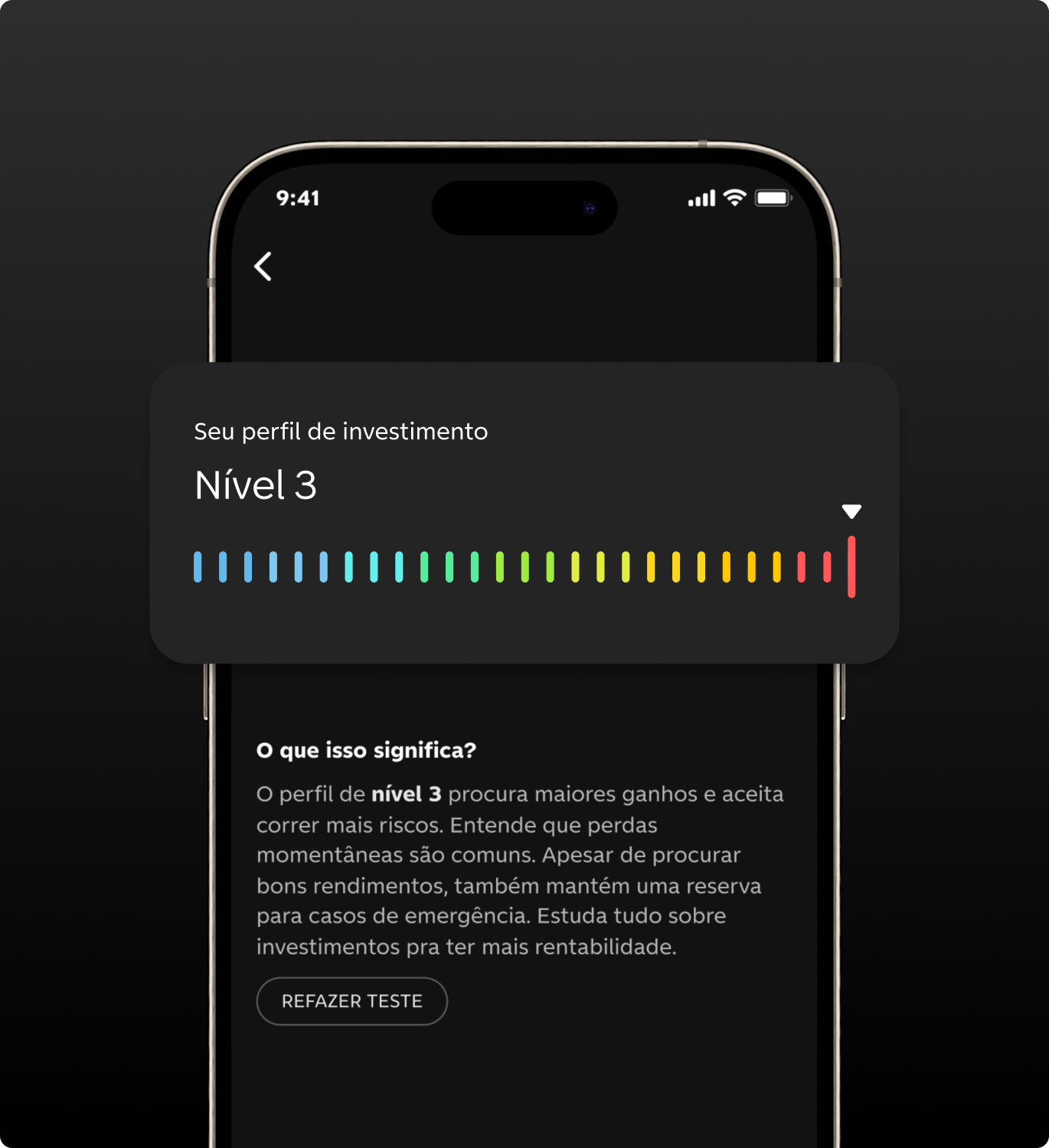 Imagem de celular aberto na tela de nível de risco de perfil de investidor, dentro do app do C6 Bank