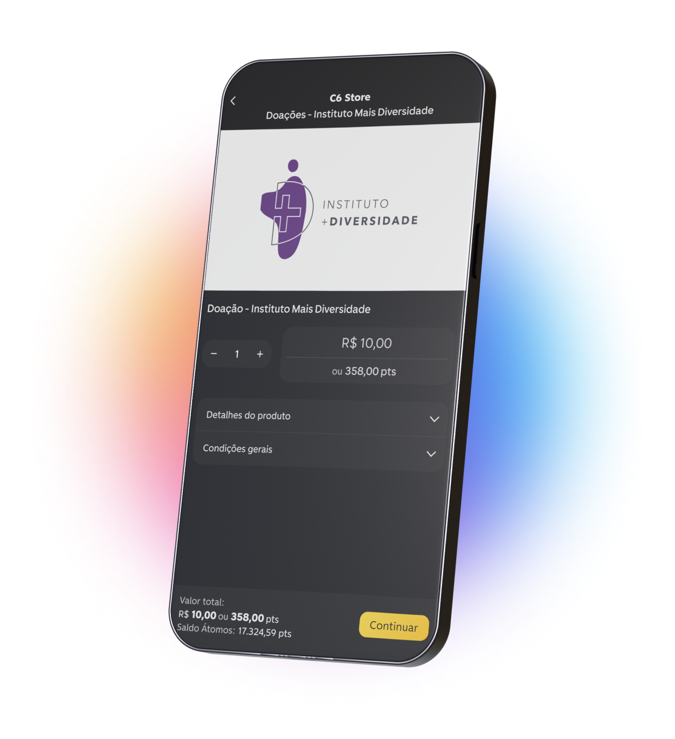 App C6 Bank aberto na tela de doação ao Instituto +Diversidade.