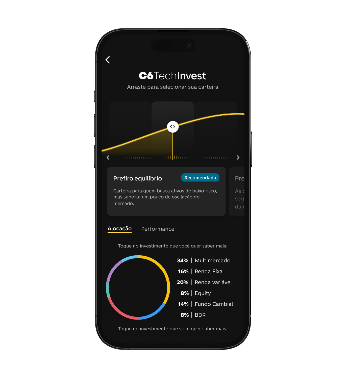 Tela do C6 TechInvest com opção de carteira equilibrada e gráfico de alocação de investimentos.
